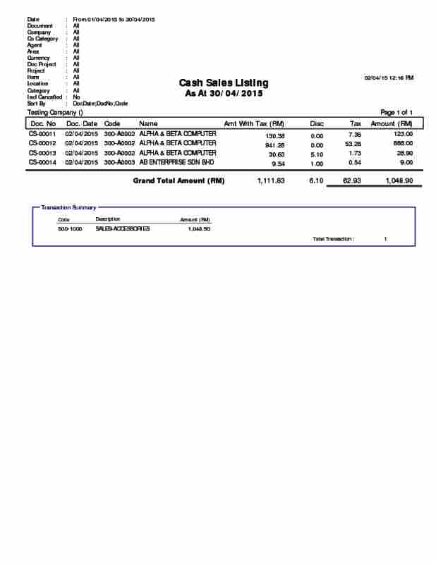 Sales Local Cash Sales Listing Tax
